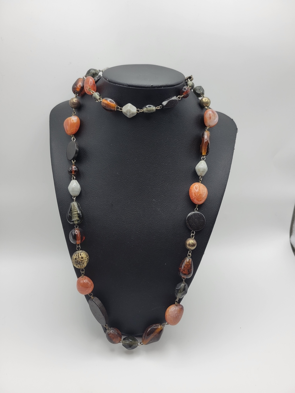 Long Glass Handcrafted Multi-Bead Orange and Black Women’s Necklace
